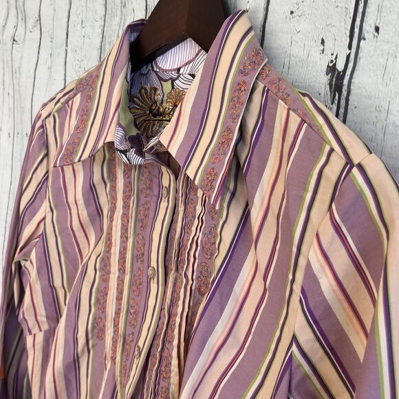 Robert Graham Womens Embroidered Button Up Top Size M Flip Cuff Pleated Striped - Picture 4 of 14